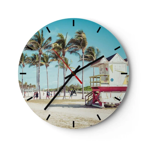 Nástenné hodiny - Miami Beach s palmami a farebnou budovou plavčíka - 30x30cm - Čaká ťa krásny deň - Moderná nástenná dekorácia do obývacej izby, kuchyne a spálne ARTTOR
