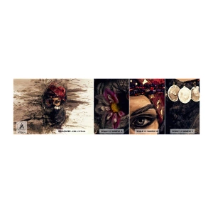 Vzorka samolepiacej fototapety Deluxe Sticker - Prinajmenšom znepokojujúca - Abstrakcia, Ženská tvár, Orientálne symboly - 100x30 cm