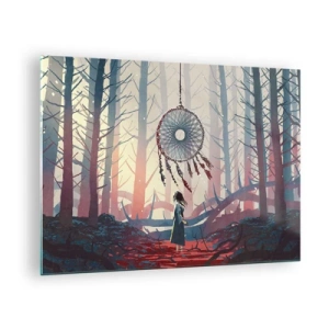 Obraz na skle - Postava v lese sa pozerá na veľký lapač snov vznášajúci sa vo vzduchu. - 70x50cm - Tajný rituál šťastia - Moderná nástenná dekorácia do obývacej izby a spálne ARTTOR