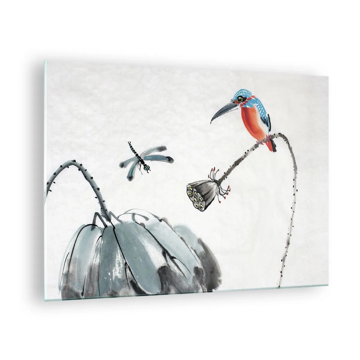 Obraz na skle - Ilustrácia farebného vtáka a vážky na pozadí vegetácie - 70x50cm - Život lúky - Moderná nástenná dekorácia do obývacej izby a spálne ARTTOR