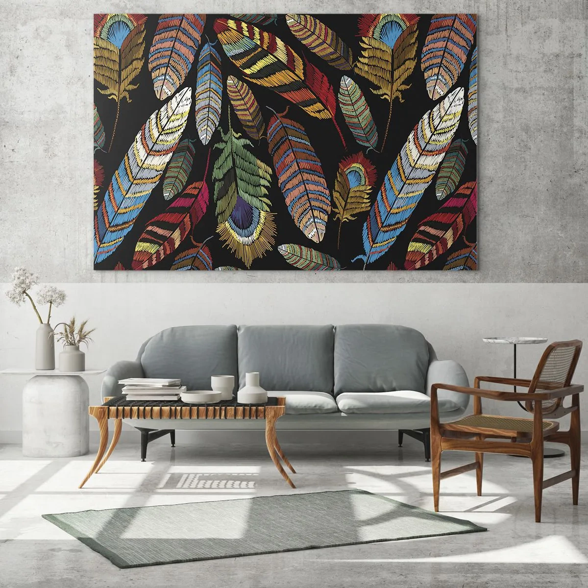 Obraz na skle - Farebné perie na tmavom pozadí v umeleckom vzore - 70x50cm - Vtáčí karneval - Moderná nástenná dekorácia do obývacej izby a spálne ARTTOR