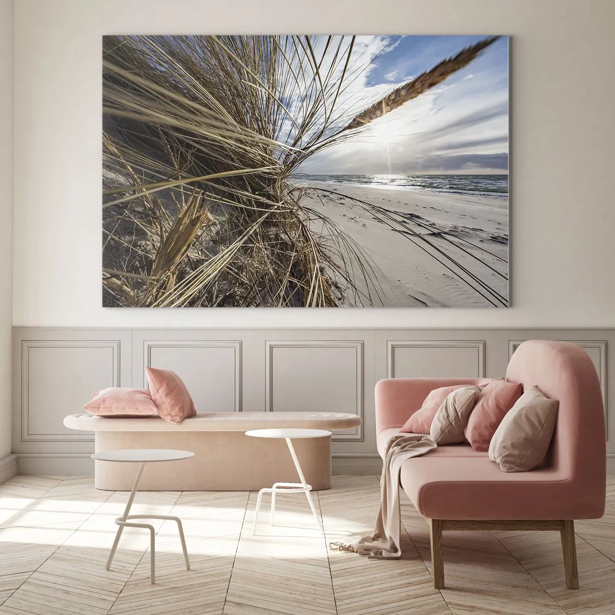 Obraz na skle - Zlatá tráva na pozadí piesočnatej pláže a mora - 70x50cm - Stretnutie živlov - Moderná nástenná dekorácia do obývacej izby a spálne ARTTOR