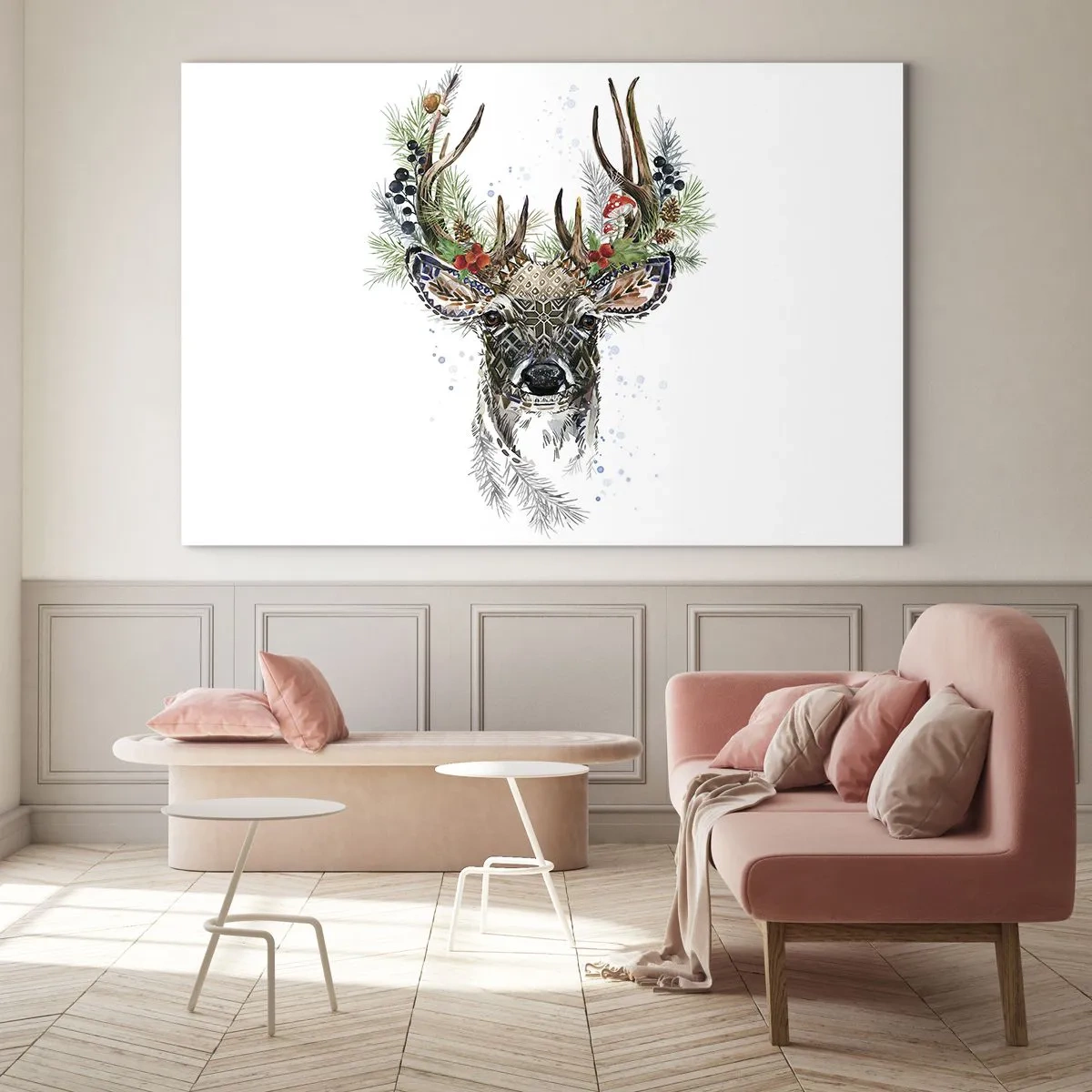 Obraz na skle - Portrét jeleňa s vianočnými ozdobami, konármi a bobuľami - 70x50cm - V slávnostnom rúchu - Moderná nástenná dekorácia do obývacej izby a spálne ARTTOR