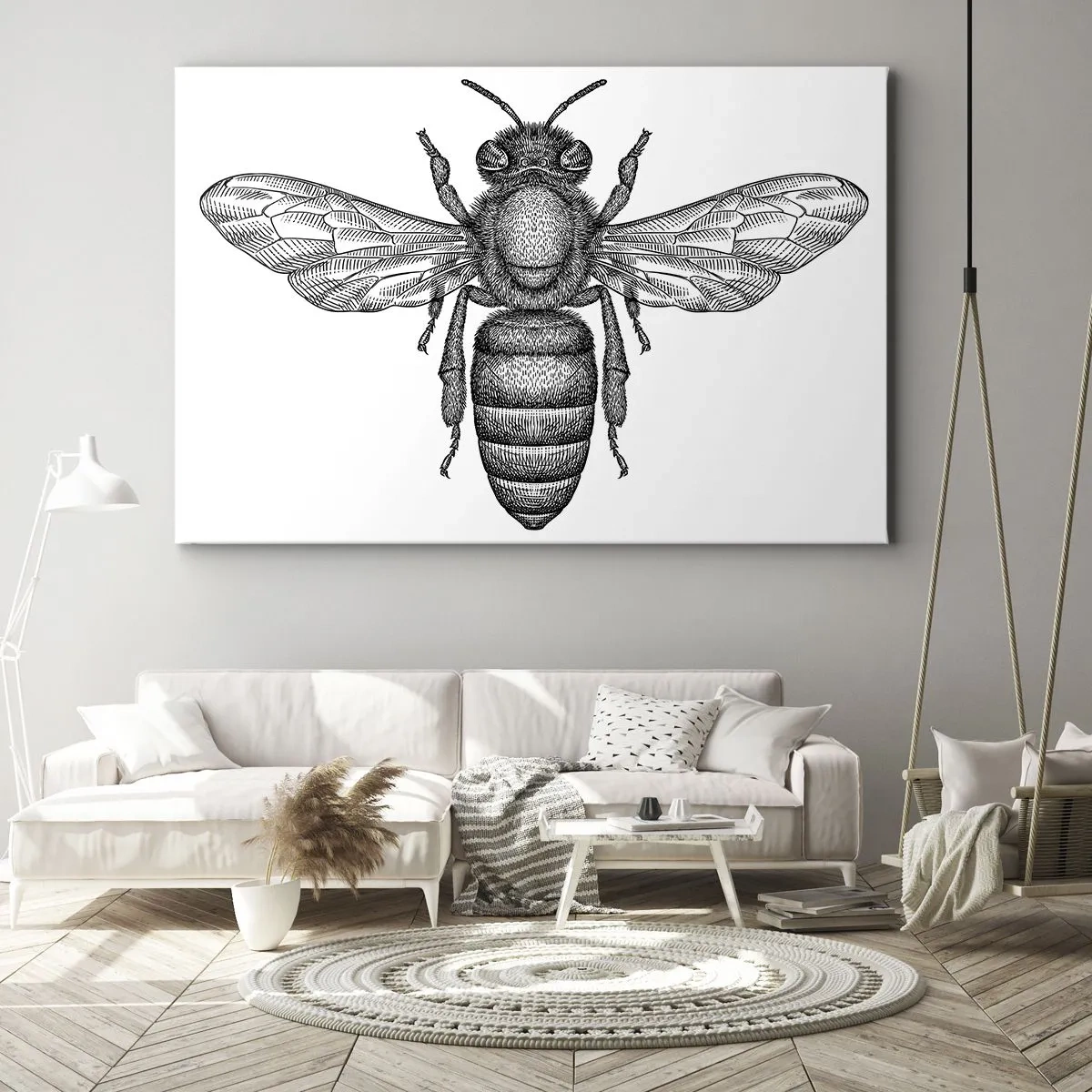 Obraz na plátne - Motív kreslenej včely na bielom pozadí v minimalistickom štýle. - 70x50cm - Hmyzí portrét - Moderná nástenná dekorácia do obývacej izby a spálne ARTTOR