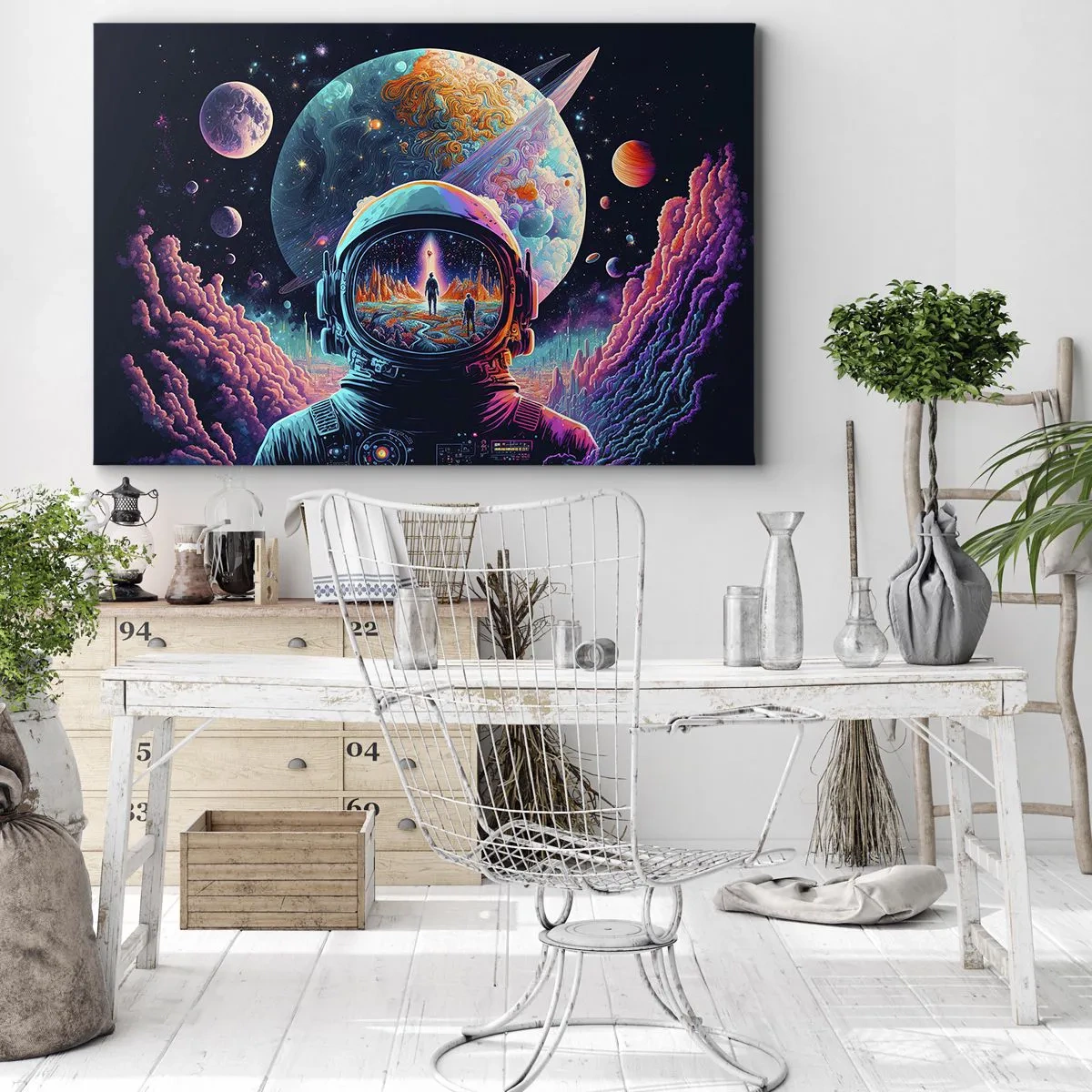 Obraz na plátne - Astronaut vo vesmíre s farebnou planetárnou krajinou - 70x50cm - Filozofom sa to ani nesnívalo - Moderná nástenná dekorácia do obývacej izby a spálne ARTTOR