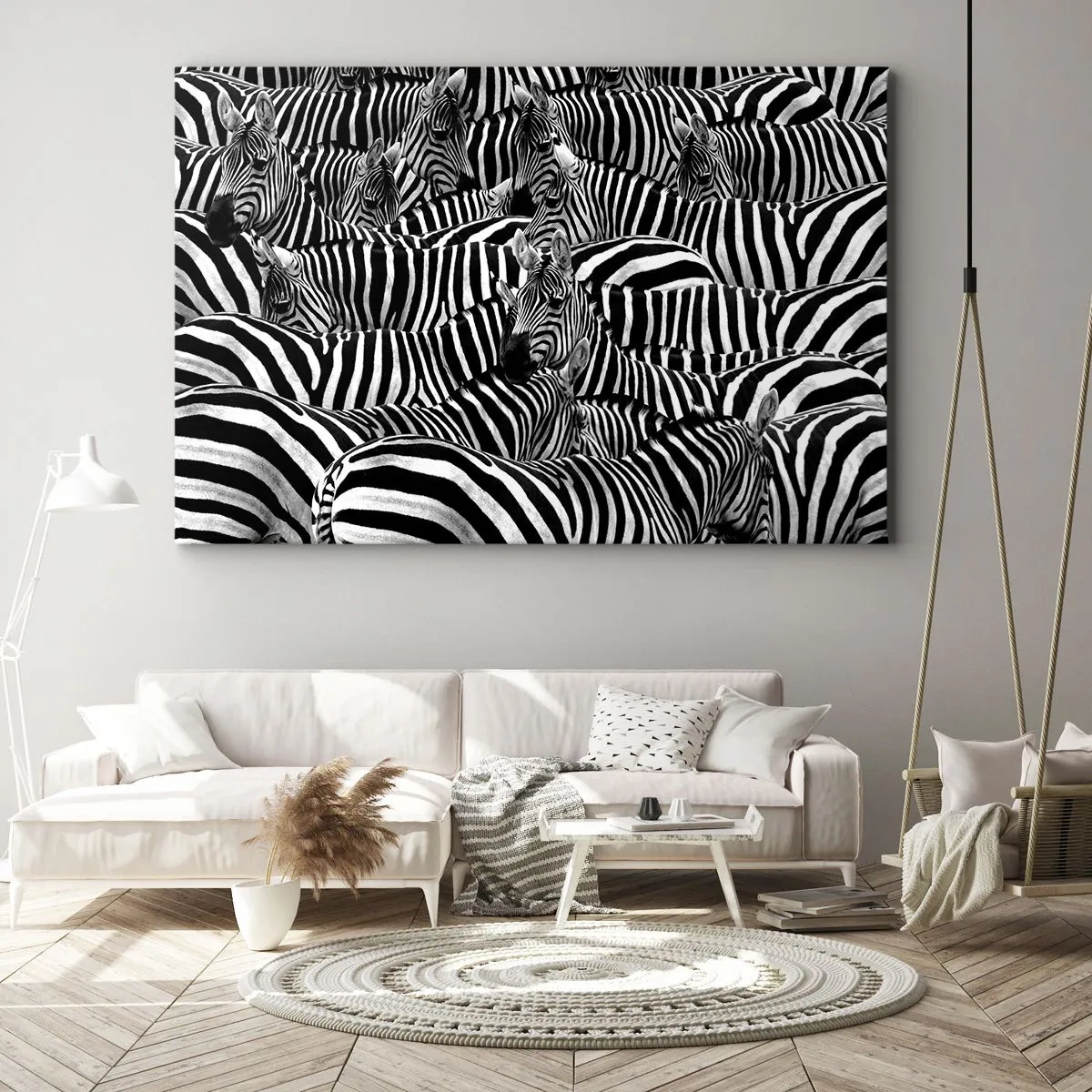 Obraz na plátne - Skupina zebier s čiernymi a bielymi pruhmi vytvára symetrický vzor. - 70x50cm - Skupinový portrét s pruhmi - Moderná nástenná dekorácia do obývacej izby a spálne ARTTOR