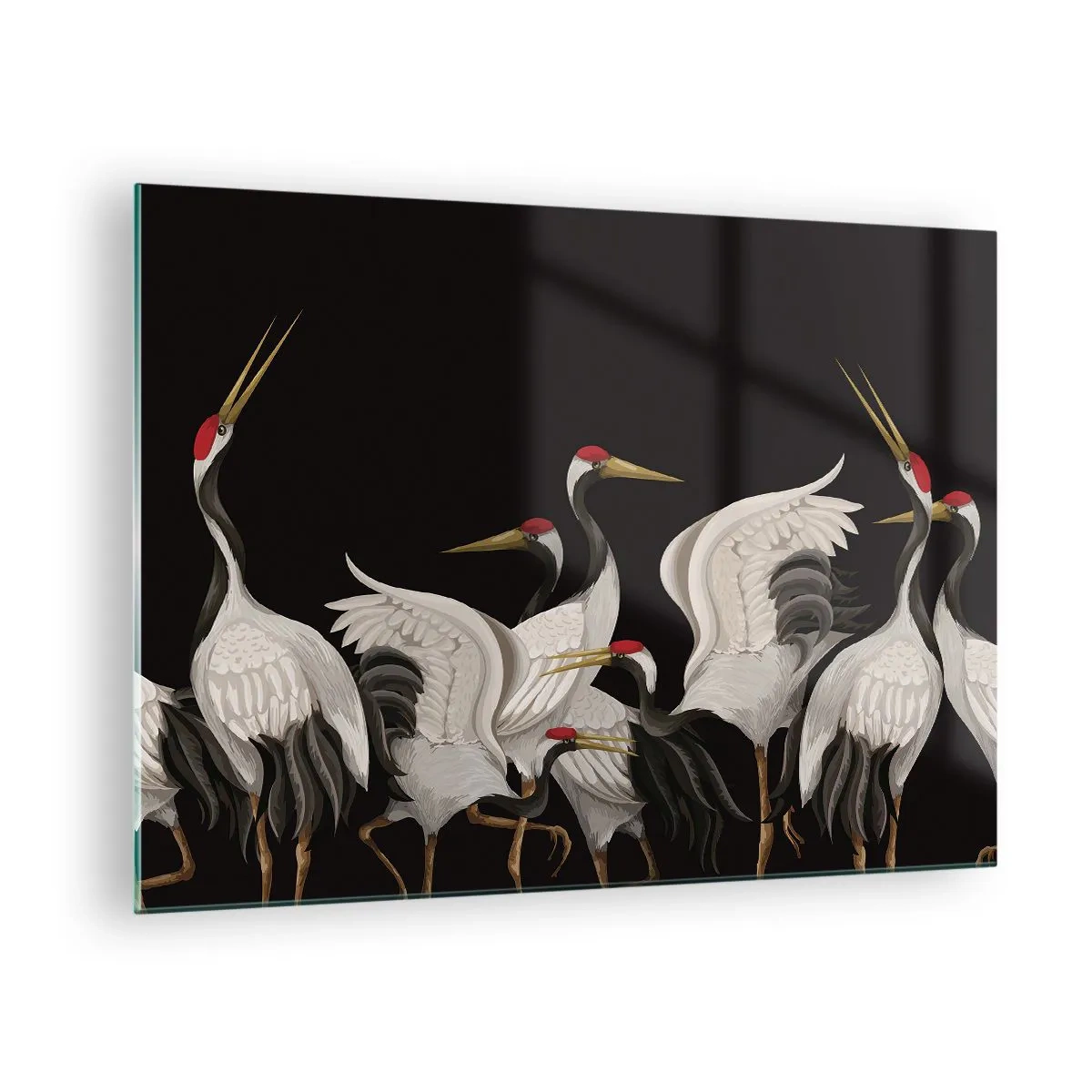 Obraz na skle - Biele žeriavy s červenými hlavami na čiernom pozadí - 70x50cm - Vtáčie záležitosti - Moderná nástenná dekorácia do obývacej izby a spálne ARTTOR