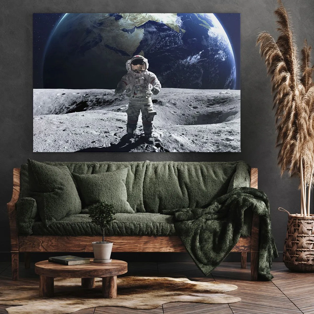 Obraz na plátne - Astronaut na povrchu Mesiaca so Zemou v pozadí - 70x50cm - Pozdravy z Mesiaca - Moderná nástenná dekorácia do obývacej izby a spálne ARTTOR