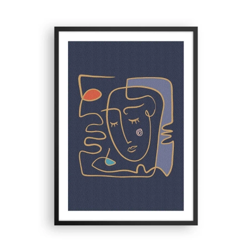 Plagát v čiernom ráme - Minimalistická abstraktná tvár na tmavomodrom pozadí v štýle linkovej grafiky - 50x70cm - V zádumčivosti - Moderná nástenná dekorácia do obývacej izby a spálne ARTTOR