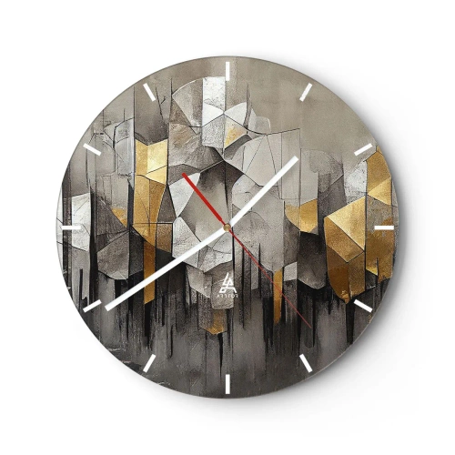 Nástenné hodiny - Geometrická štruktúra s odtieňmi sivej a zlatej - 30x30cm - Kompozícia z ľadu a svetla - Moderná nástenná dekorácia do obývacej izby, kuchyne a spálne ARTTOR