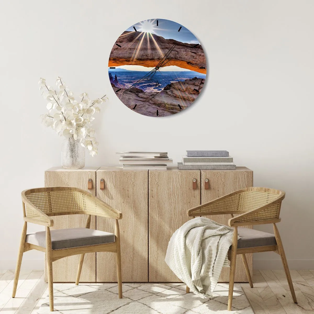 Nástenné hodiny - Prírodný skalný oblúk osvetlený slnečnými lúčmi - 30x30cm - Skalnou bránou - Moderná nástenná dekorácia do obývacej izby, kuchyne a spálne ARTTOR