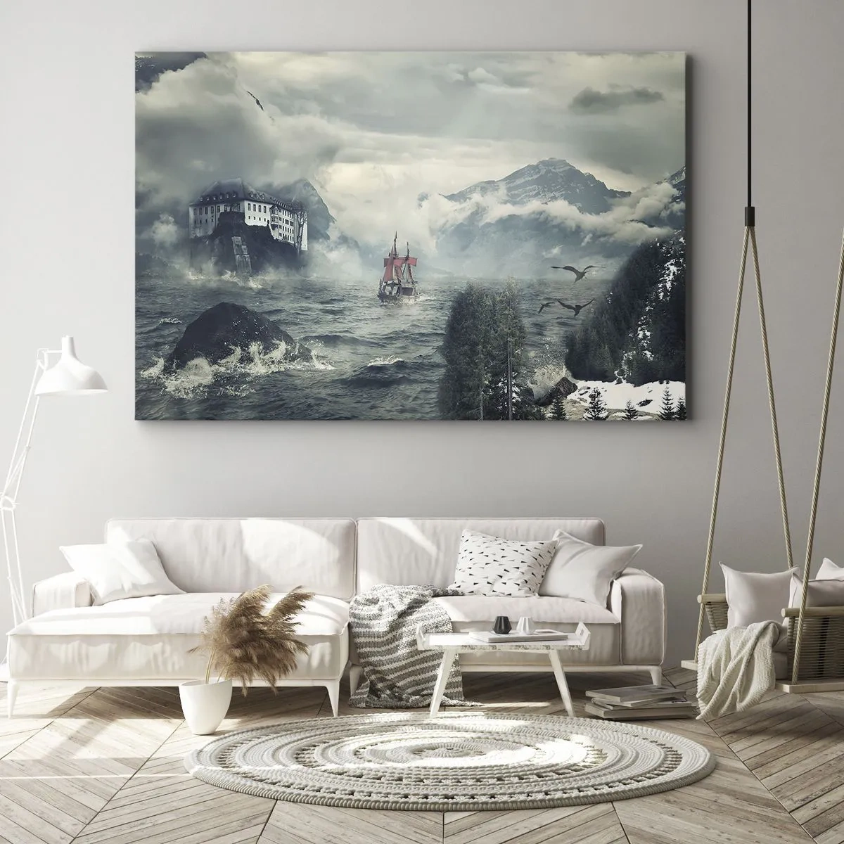 Obraz na plátne - Tajomná krajina s hradom, horami a loďou - 70x50cm - V kúzelných vodách - Moderná nástenná dekorácia do obývacej izby a spálne ARTTOR