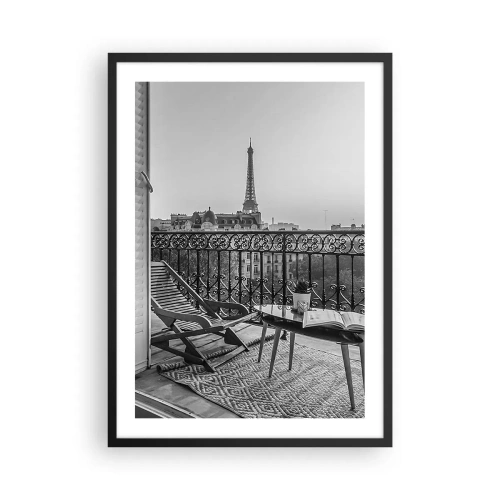 Plagát v čiernom ráme - Výhľad na Eiffelovu vežu z elegantného parížskeho balkóna - 50x70cm - Parížske popoludnie - Moderná nástenná dekorácia do obývacej izby a spálne ARTTOR