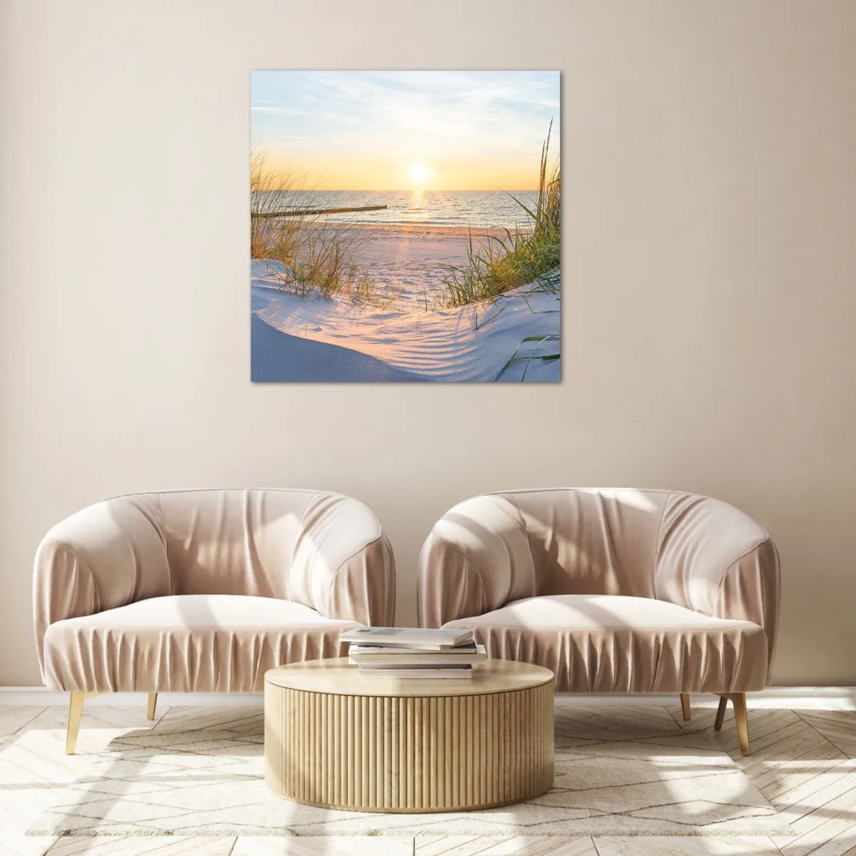 Obraz na skle - Šumenie mora, spev vtákov, divoká pláž uprostred trávy… - 70x70 cm