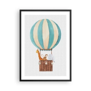 Plagát v čiernom ráme - Akvarelová ilustrácia teplovzdušného balóna s roztomilými zvieratkami - 50x70cm - Fantastický výlet - Moderná nástenná dekorácia do obývacej izby a spálne ARTTOR