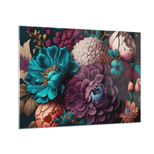 Obraz na skle - Bohatá kompozícia kvetov v intenzívnych farbách - 70x50cm - Úroda prírody - Moderná nástenná dekorácia do obývacej izby a spálne ARTTOR