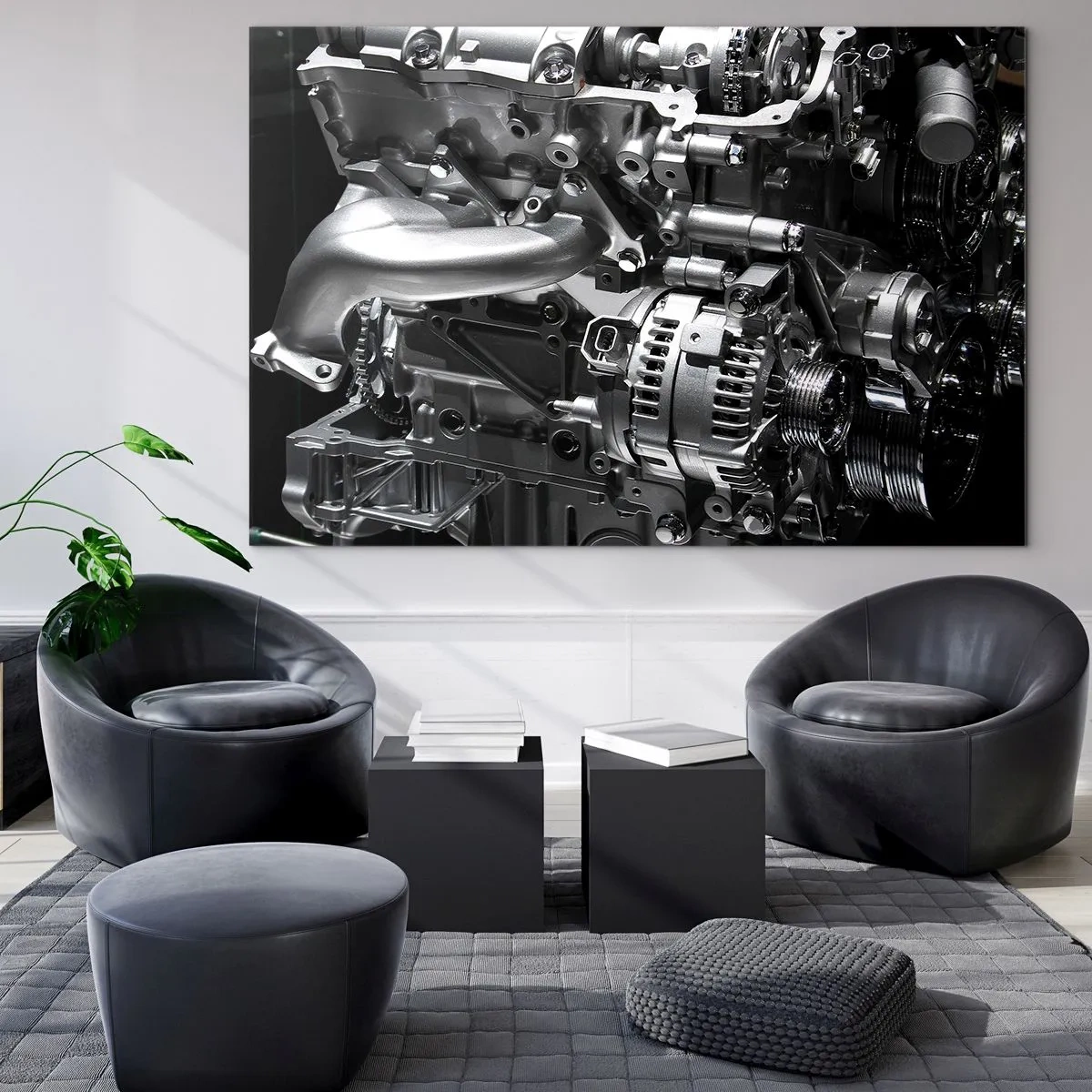 Obraz na skle - Detaily kovového motora na čiernom pozadí - 70x50cm - Kovový, krásny, silný - Moderná nástenná dekorácia do obývacej izby a spálne ARTTOR