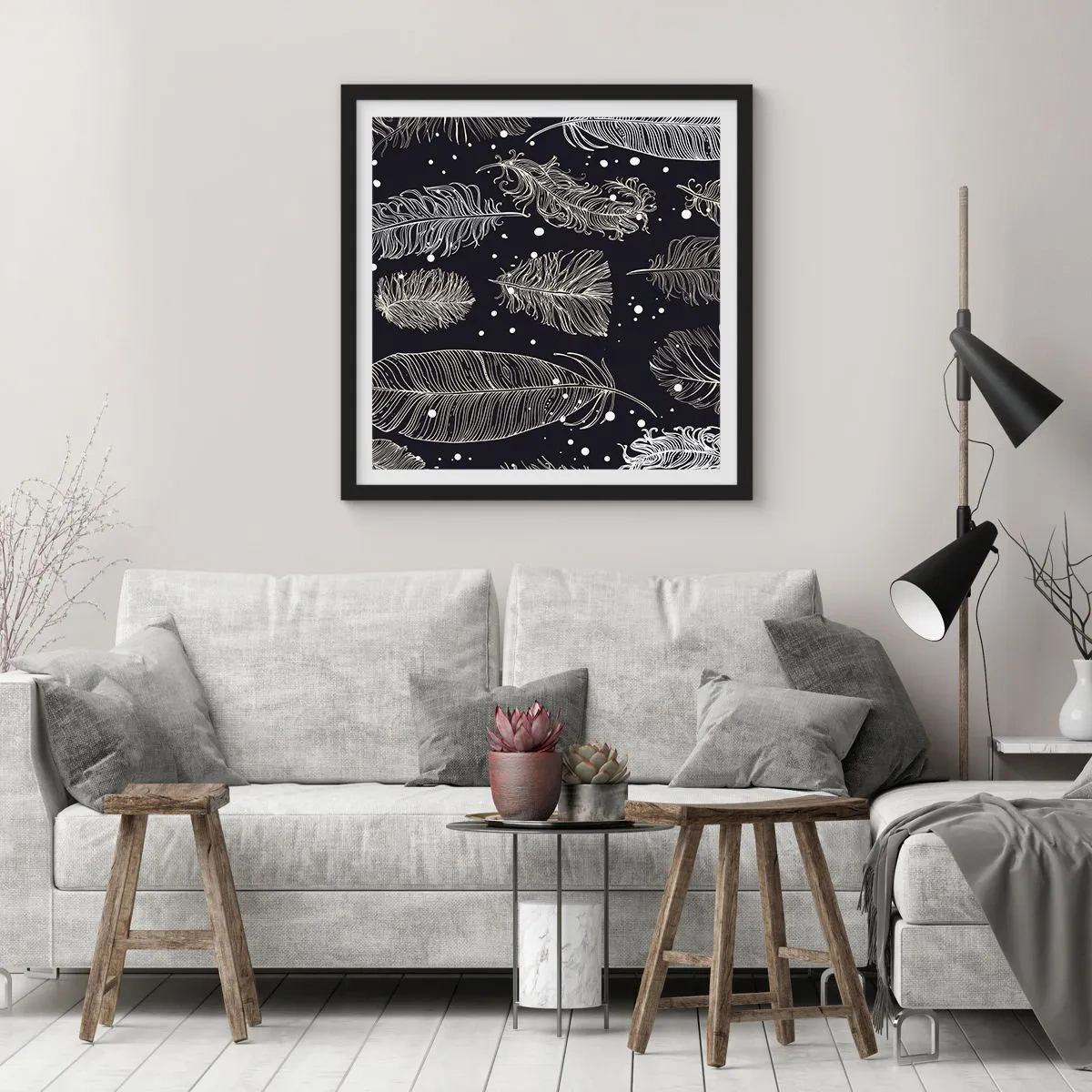 Plagát v čiernom ráme - Čipka s perím - 30x30 cm