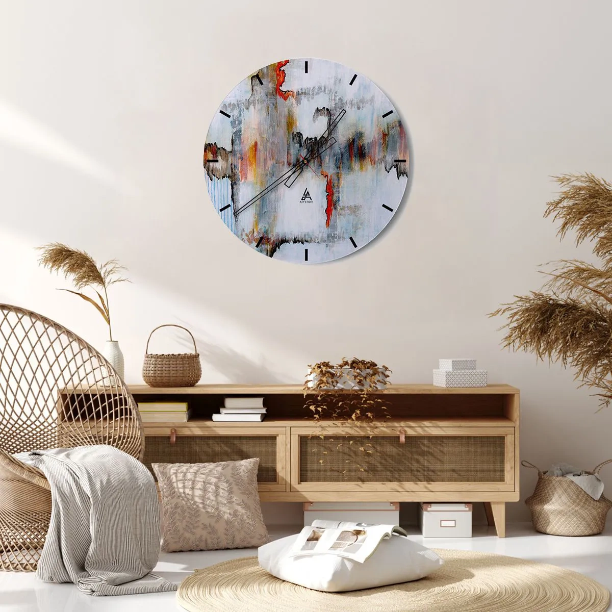 Nástenné hodiny - Abstraktná kompozícia v jasných farbách s intenzívnymi akcentmi. - 30x30cm - Paličkou po vode - Moderná nástenná dekorácia do obývacej izby, kuchyne a spálne ARTTOR
