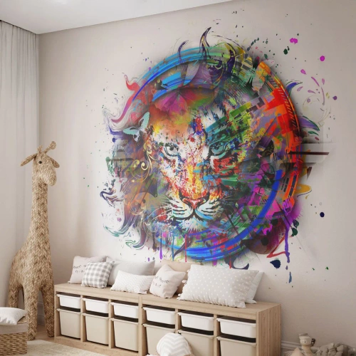 Fototapeta Standard Eco - Farebná abstrakcia tigra na bielom pozadí - 100x70cm - Skrýva sa za dúhovým závojom - Moderná nástenná dekorácia do obývacej izby a spálne ARTTOR
