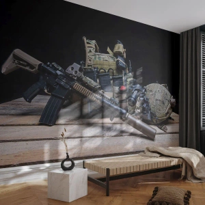 Fototapeta Standard Eco - Taktické bojové vybavenie s puškou a prilbou - 100x70cm - Pohov! - Moderná nástenná dekorácia do obývacej izby a spálne ARTTOR