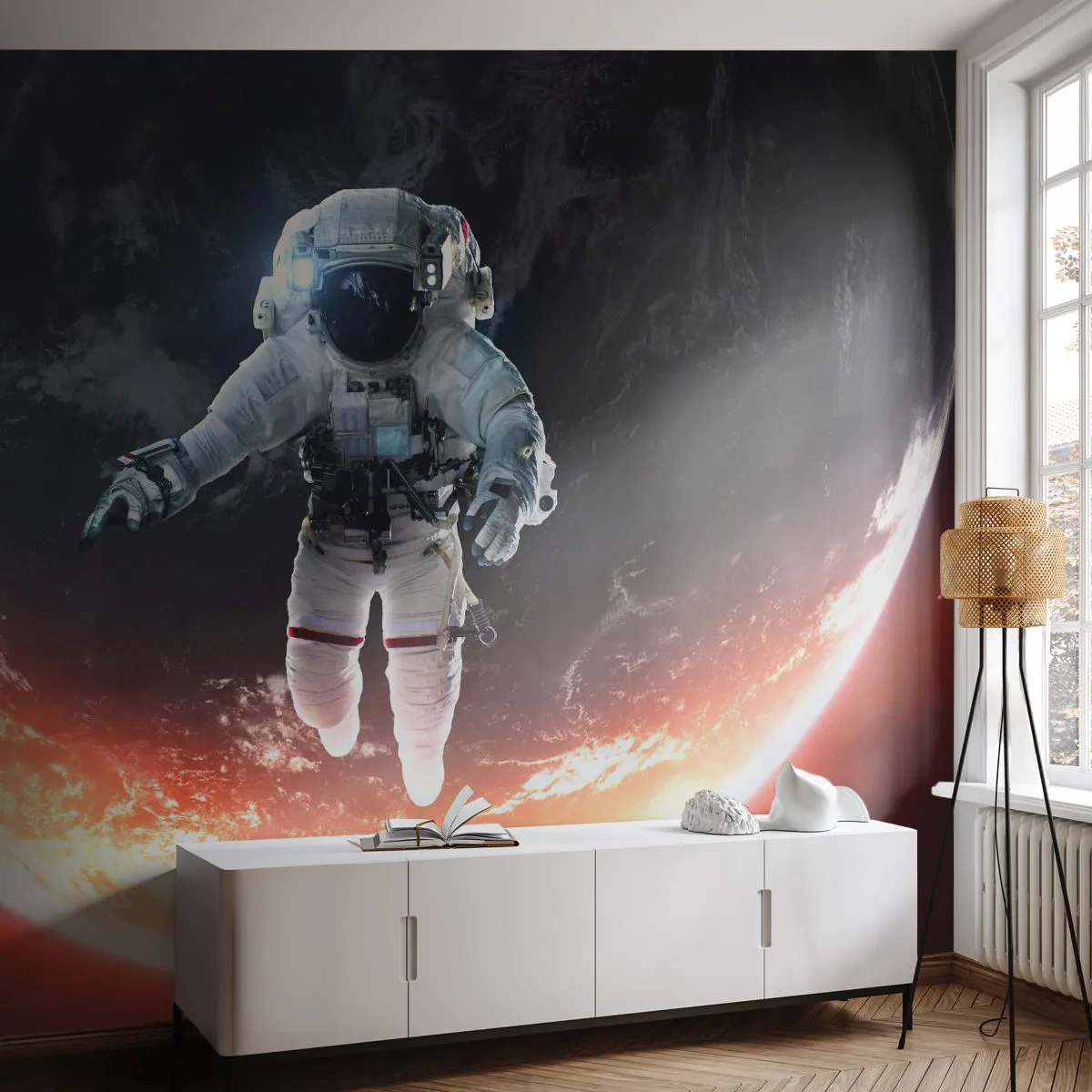 Samolepiaca Fototapeta Deluxe Sticker - Môžem zostať ešte chvíľku? - Astronaut, Kozmos, kozmonaut - 250x175 cm