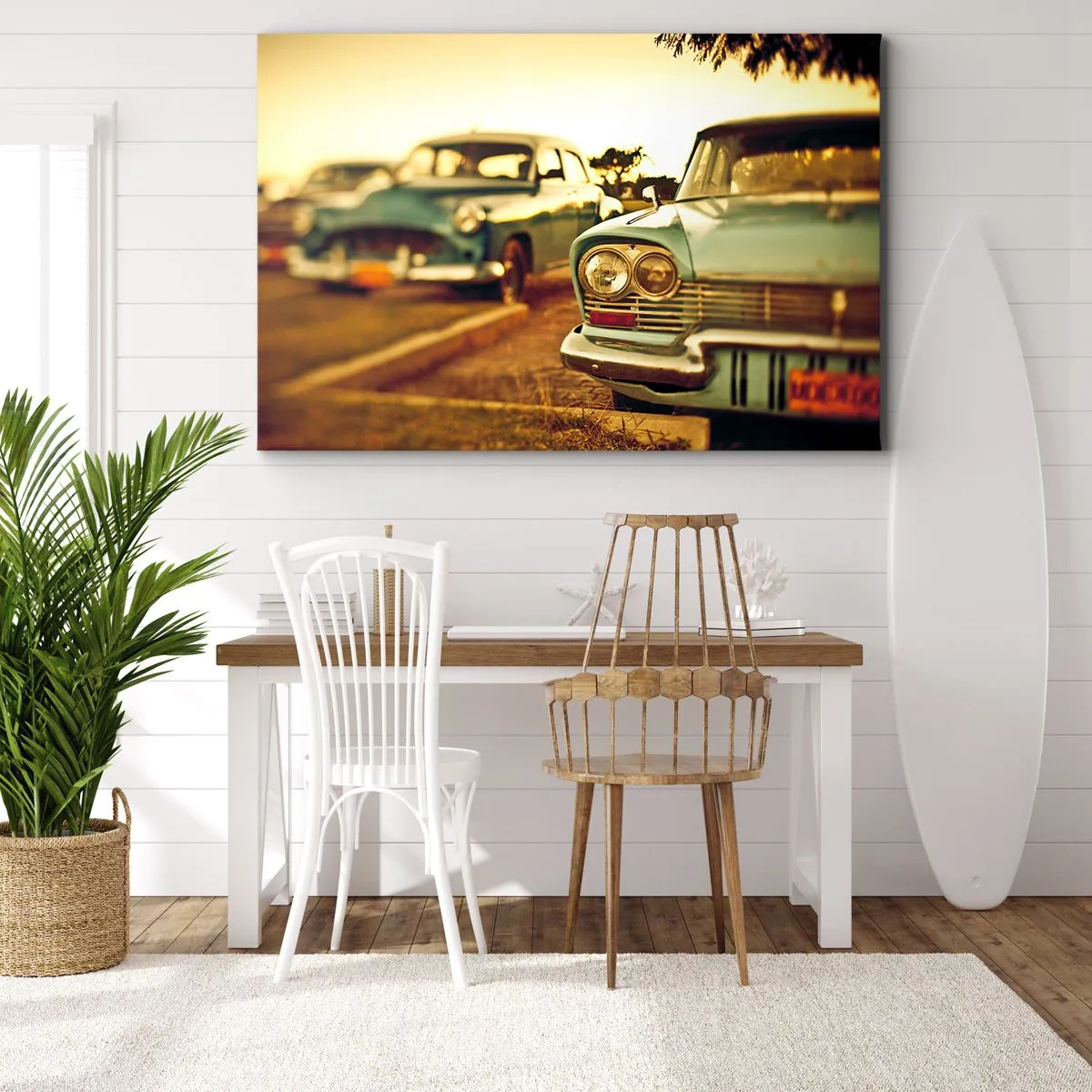 Obraz na plátne - Klasické autá v teplom svetle západu slnka - 70x50cm - Počkáme, uvidíme - Moderná nástenná dekorácia do obývacej izby a spálne ARTTOR