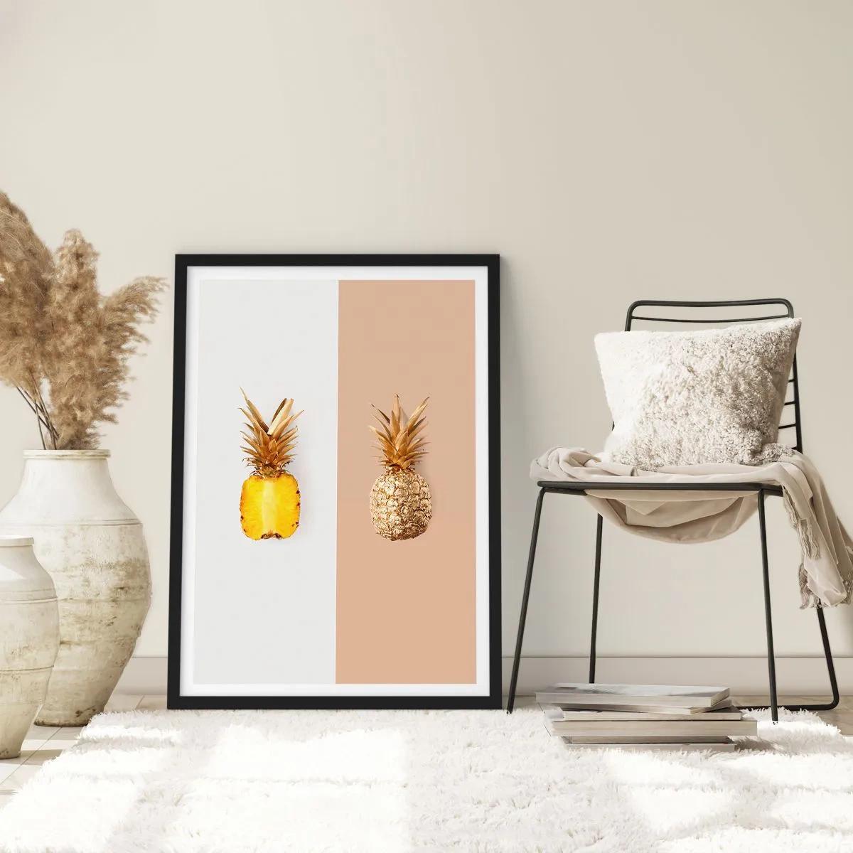 Plagát v čiernom ráme - Minimalistická kompozícia dvoch ananásov - 50x70cm - Ananás pre nás - Moderná nástenná dekorácia do obývacej izby a spálne ARTTOR