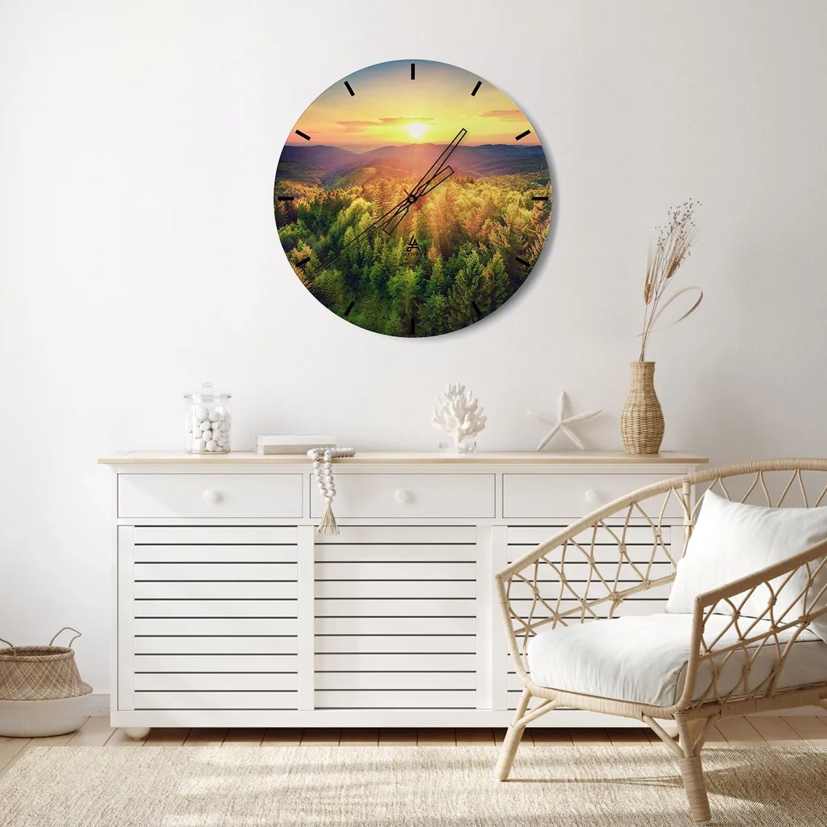 Nástenné hodiny - Horská krajina so zapadajúcim slnkom a lesmi - 30x30cm - Vrcholky a vrcholy - Moderná nástenná dekorácia do obývacej izby, kuchyne a spálne ARTTOR