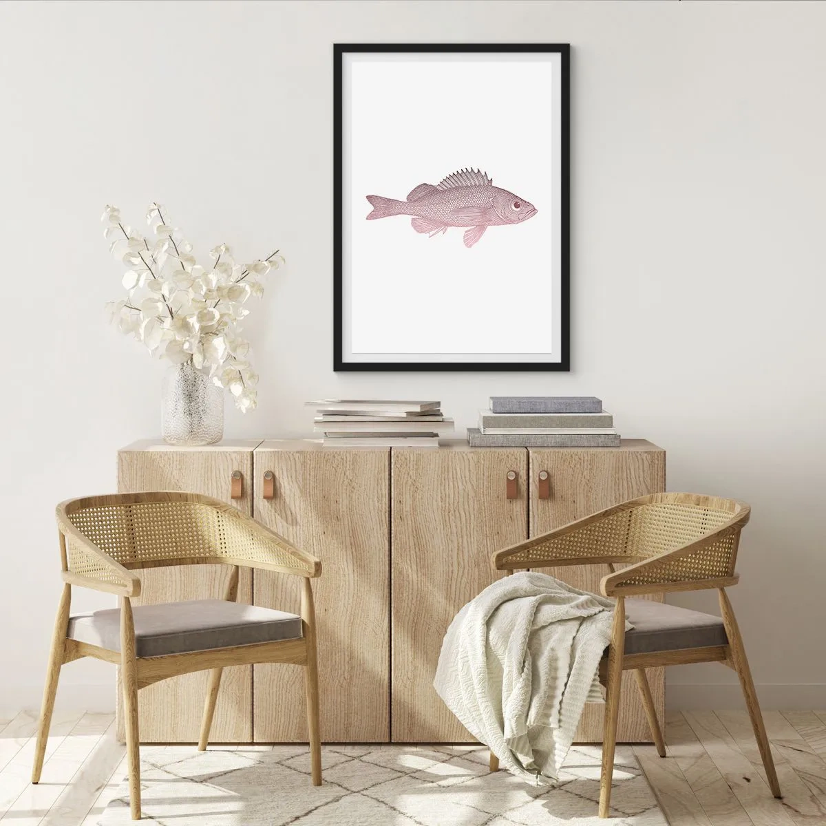 Plagát v čiernom ráme - Grafika ryby na bielom pozadí v minimalistickom štýle - 50x70cm - Ryba s veľkými očami - Moderná nástenná dekorácia do obývacej izby a spálne ARTTOR