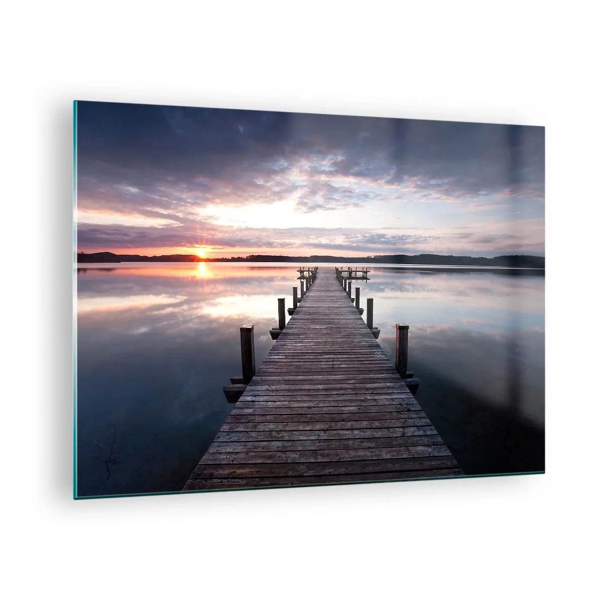 Obraz na skle - Drevené mólo na jazere pri západe slnka - 70x50cm - Tichá hranica medzi dňom a nocou - Moderná nástenná dekorácia do obývacej izby a spálne ARTTOR