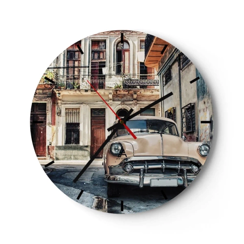 Nástenné hodiny - Retro auto na pozadí starej architektúry - 30x30cm - Siesta v Havane - Moderná nástenná dekorácia do obývacej izby, kuchyne a spálne ARTTOR