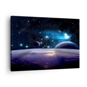 Obraz na plátne - Pohľad na vesmír s planétami a hviezdami - 70x50cm - Stále sami? - Moderná nástenná dekorácia do obývacej izby a spálne ARTTOR