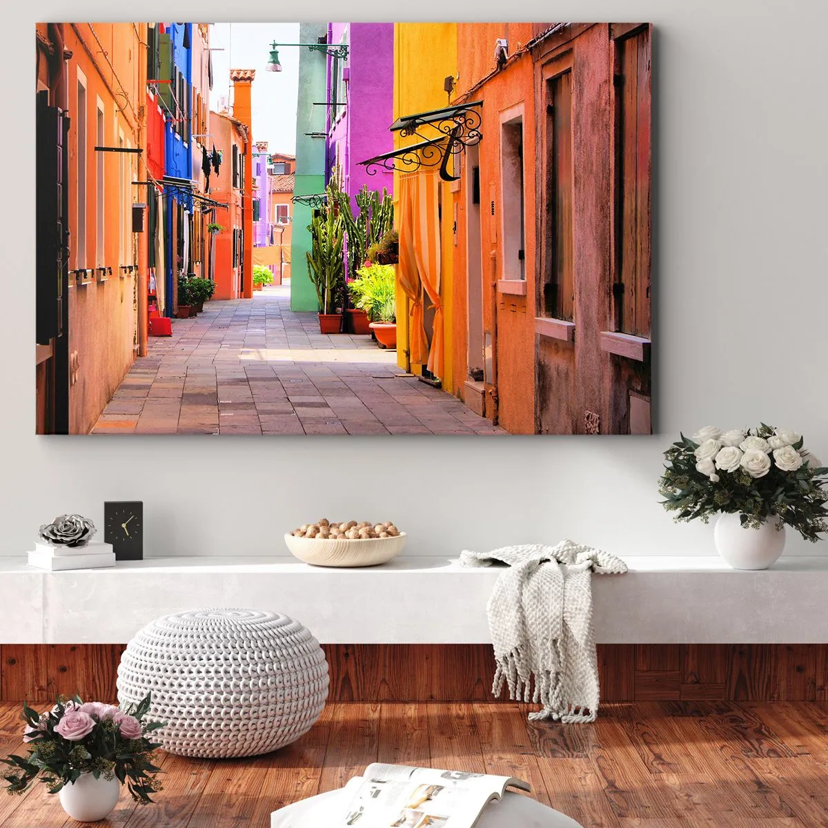 Obraz na plátne - Farebná ulica s činžiakovými domami vo svetlých odtieňoch - 70x50cm - Dúhová ulička - Moderná nástenná dekorácia do obývacej izby a spálne ARTTOR