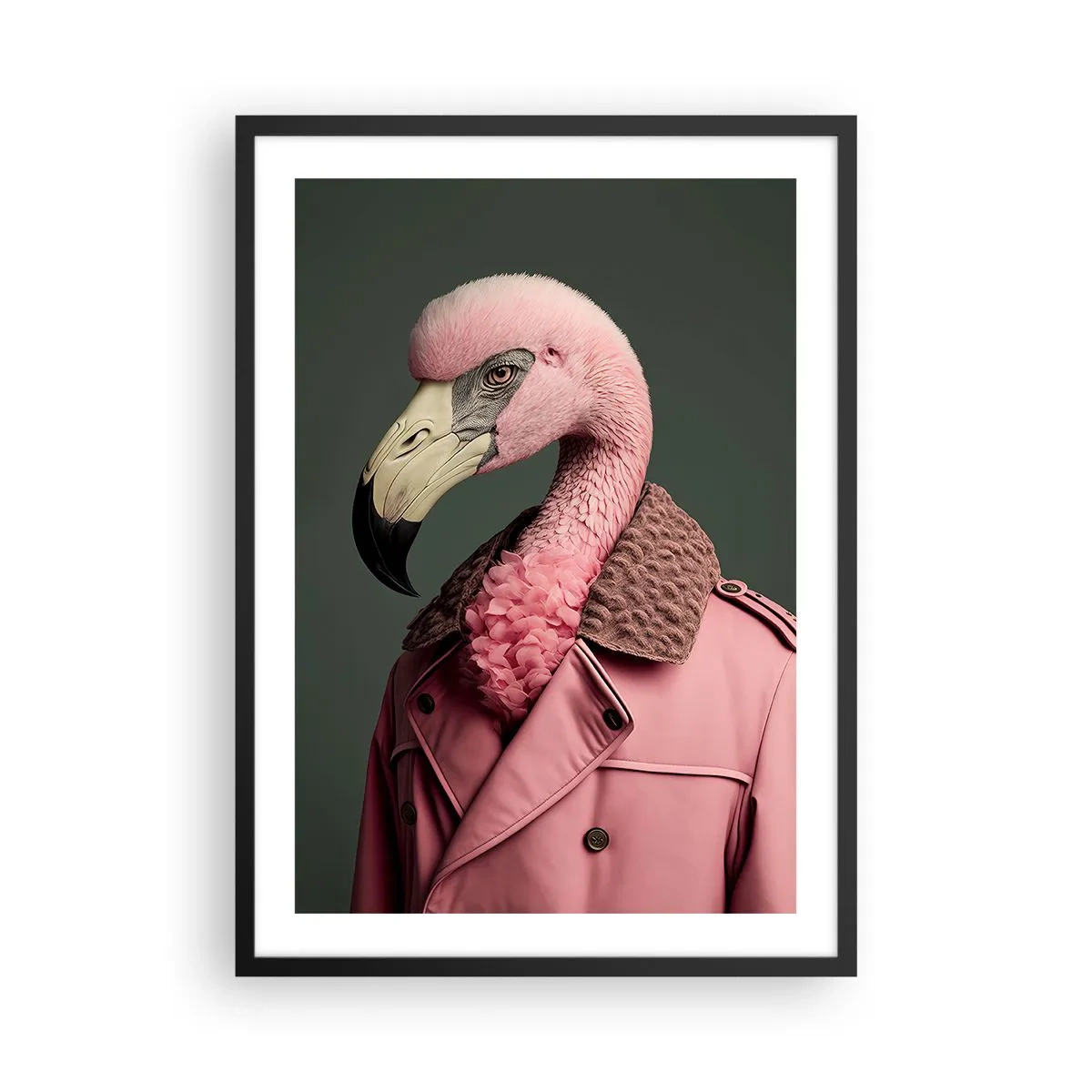 Plagát v čiernom ráme - Štýlový plameniak v elegantnom kabáte - 50x70cm - Skutočný elegán - Moderná nástenná dekorácia do obývacej izby a spálne ARTTOR