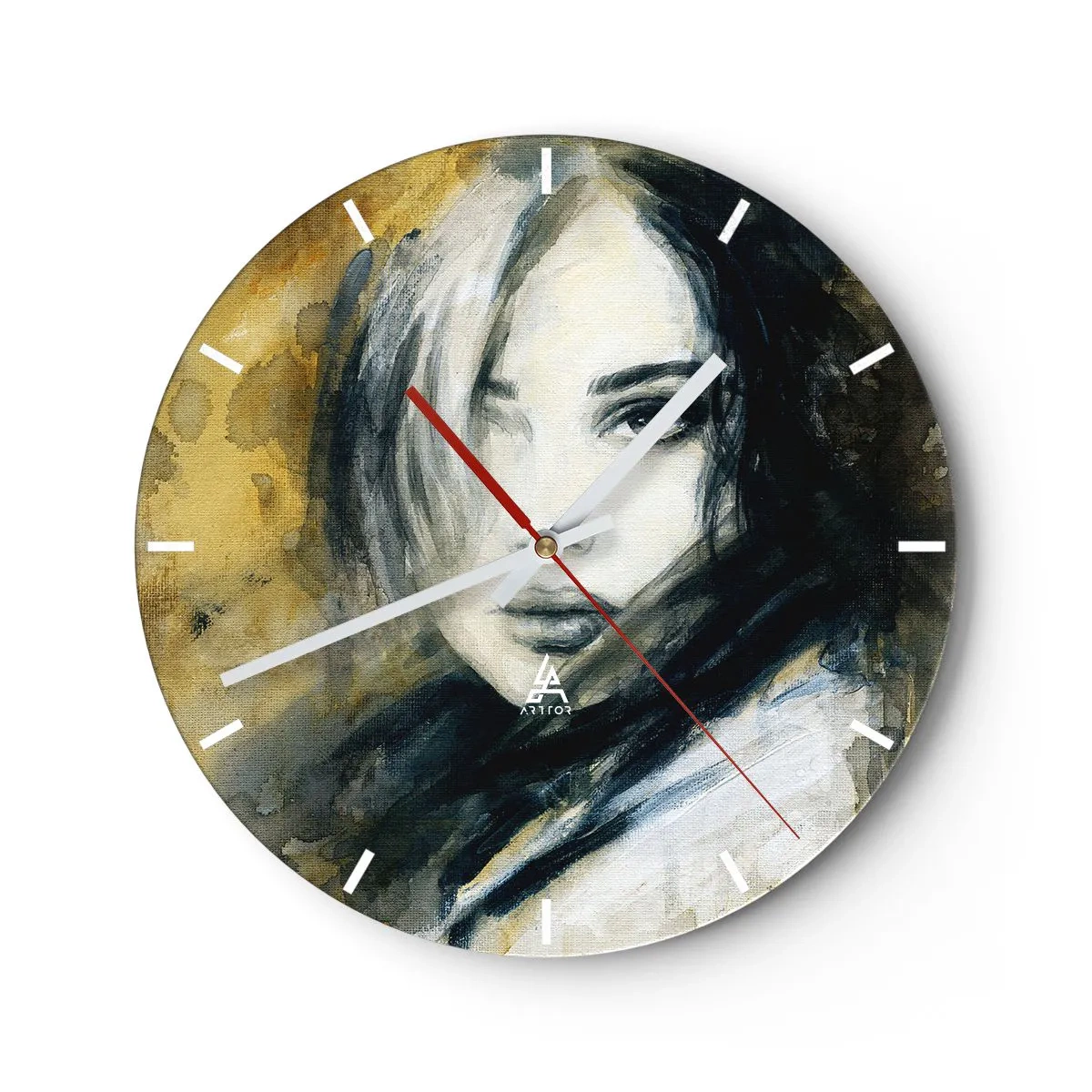 Nástenné hodiny - Portrét ženy v umeleckom štýle v odtieňoch zlatej a čiernej - 30x30cm - viac nevinná alebo zmyselná? - Moderná nástenná dekorácia do obývacej izby, kuchyne a spálne ARTTOR