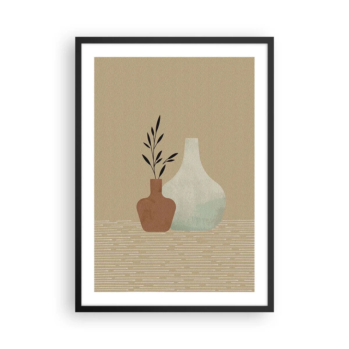 Plagát v čiernom ráme - Ilustrácia keramických váz v tlmených farbách - 50x70cm - Váza a jej myšlienka - Moderná nástenná dekorácia do obývacej izby a spálne ARTTOR
