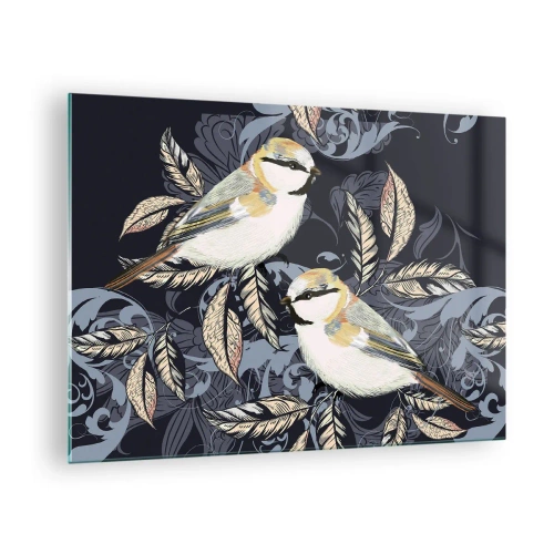 Obraz na skle - Ilustrácia dvoch vtákov na tmavom pozadí s ornamentami - 70x50cm - Žltomodrá pieseň - Moderná nástenná dekorácia do obývacej izby a spálne ARTTOR