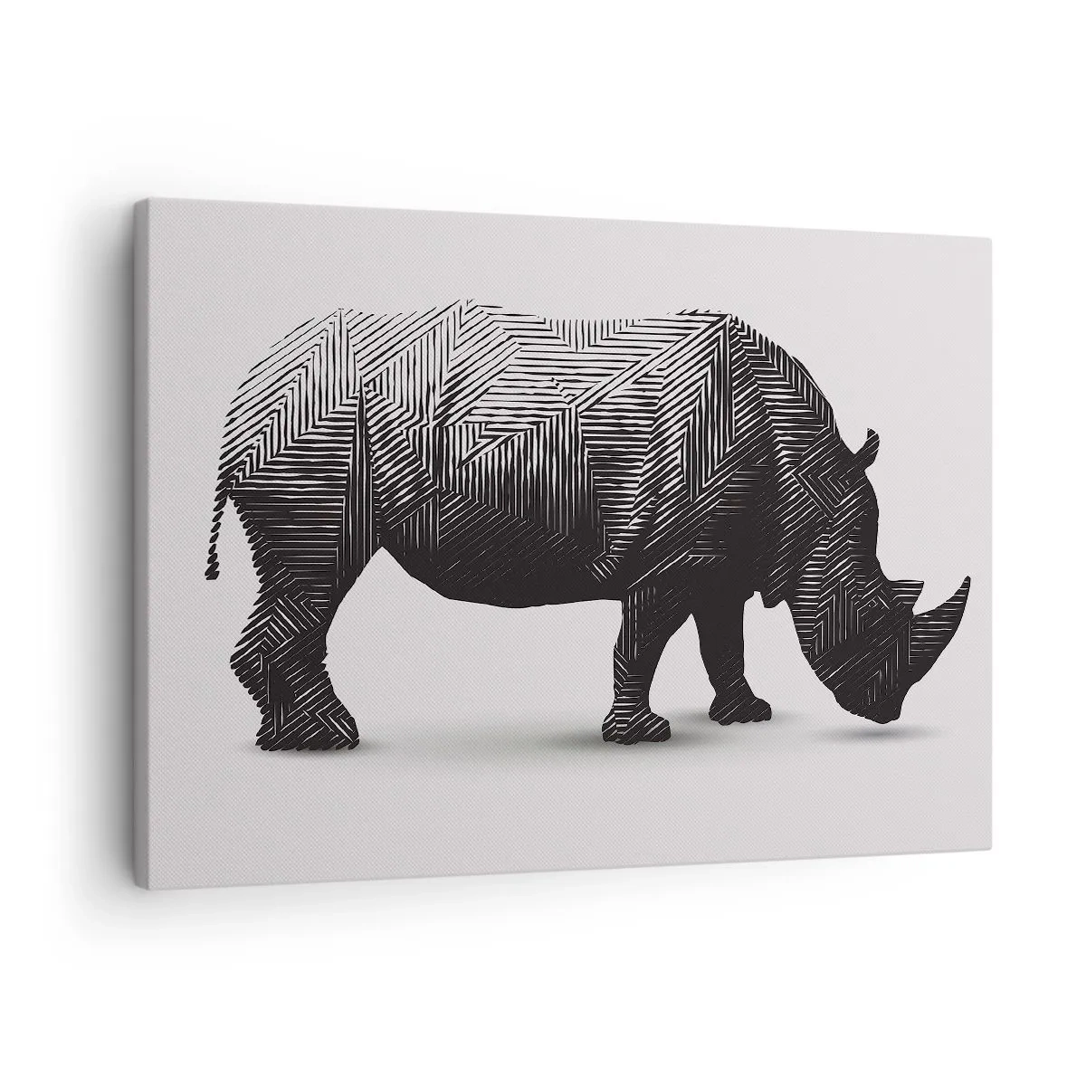 Obraz na plátne - Grafická silueta nosorožca v čiernobielom vzore - 70x50cm - Geometrická krása prírody - Moderná nástenná dekorácia do obývacej izby a spálne ARTTOR