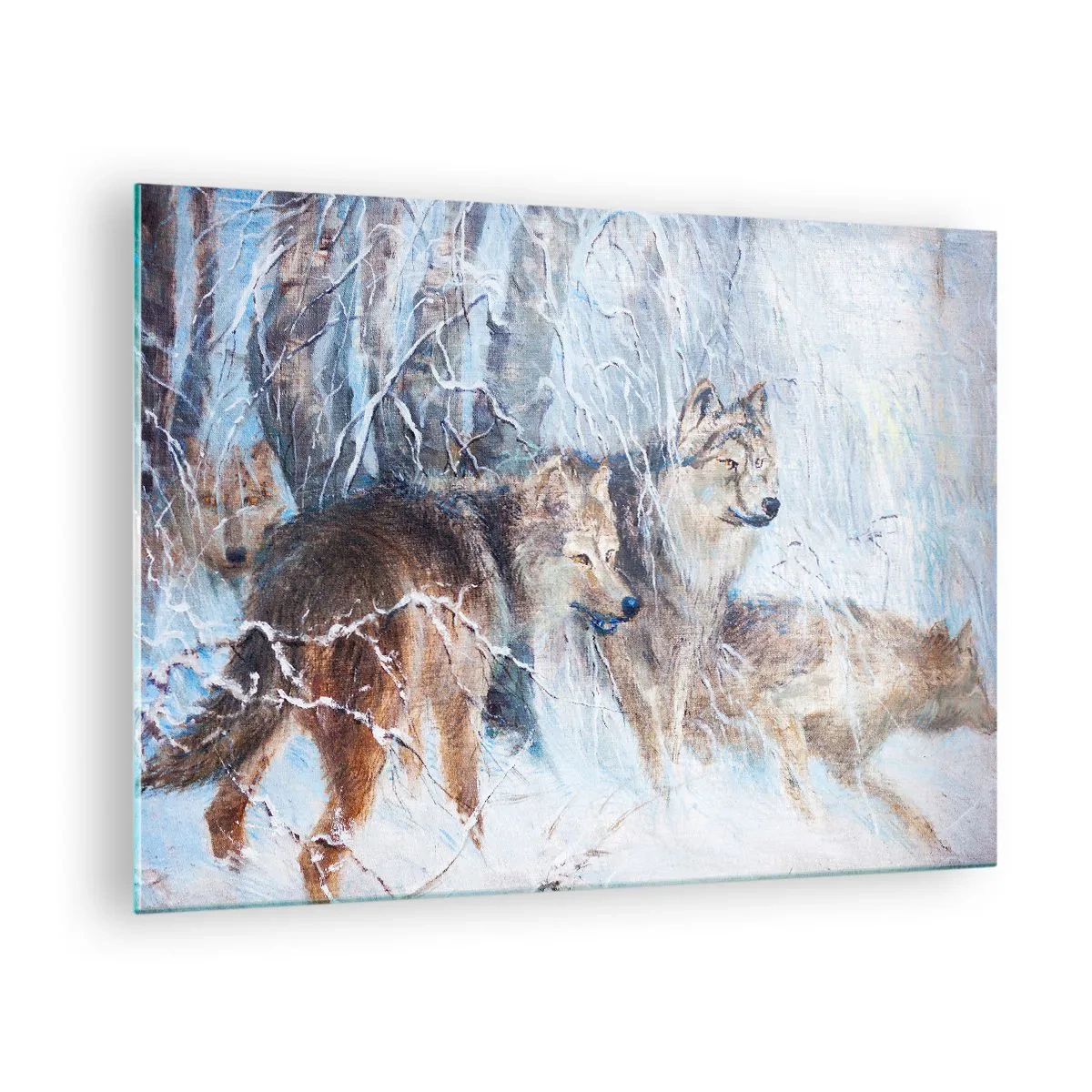 Obraz na skle - Traja vlci v zimnom lese obklopenom snehom - 70x50cm - Pozor! Prichádza… - Moderná nástenná dekorácia do obývacej izby a spálne ARTTOR