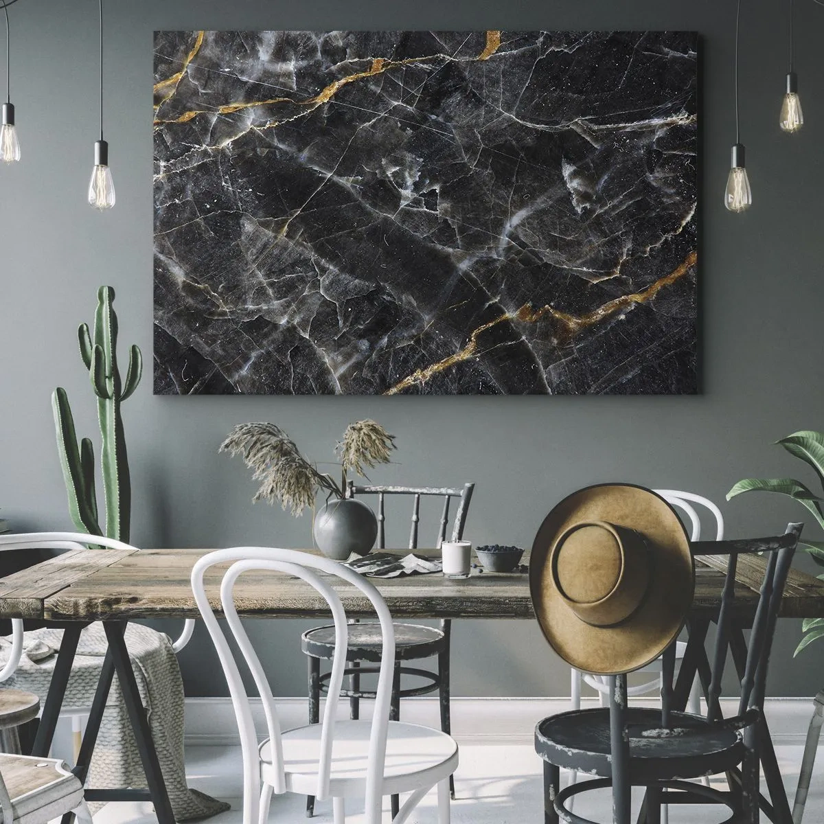 Obraz na plátne - Čierne a zlaté detaily mramorového povrchu - 70x50cm - Vnútorný život kameňa - Moderná nástenná dekorácia do obývacej izby a spálne ARTTOR