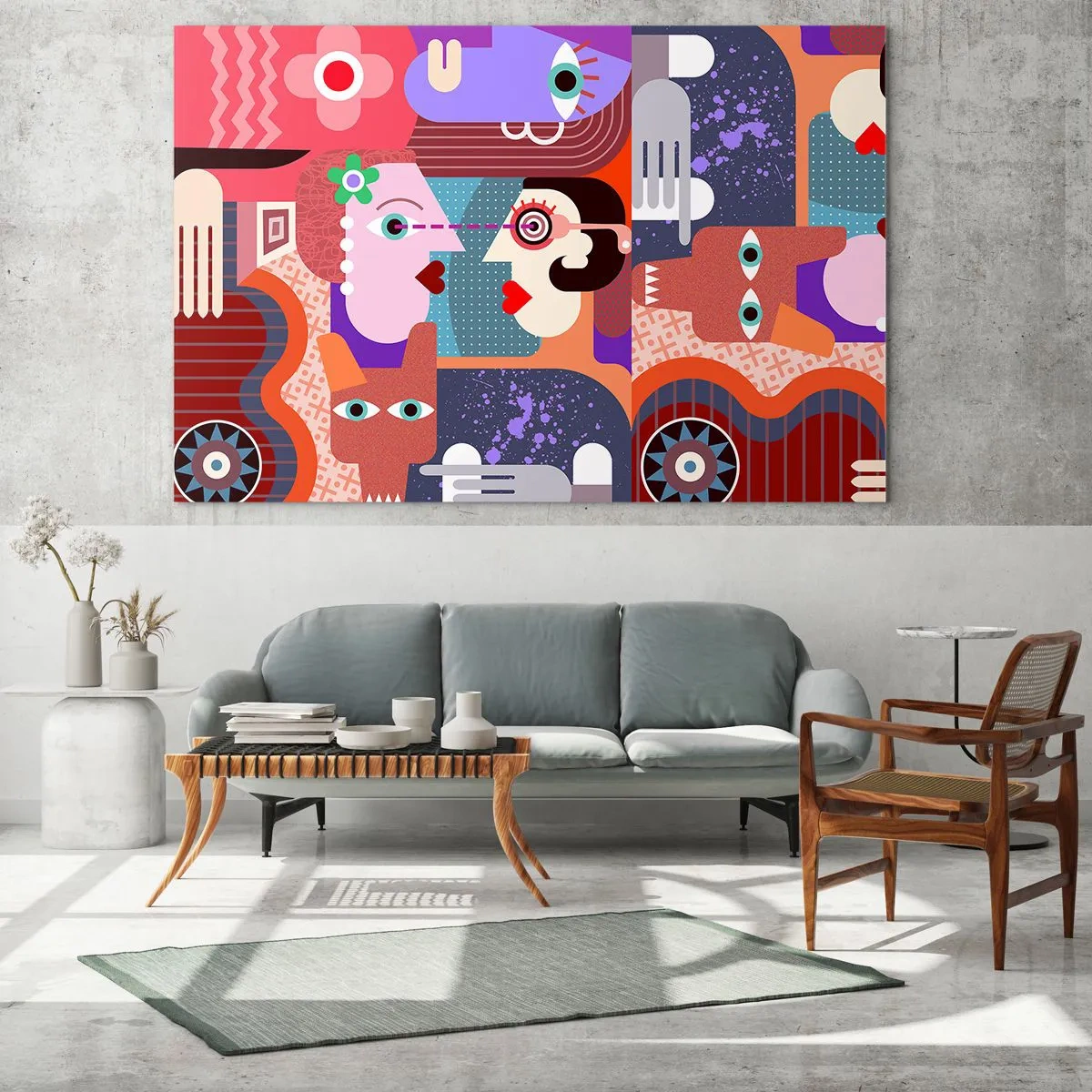 Obraz na skle - Abstraktná kompozícia tvárí a tvarov v intenzívnych farbách. - 70x50cm - Tvárou v tvár - Moderná nástenná dekorácia do obývacej izby a spálne ARTTOR