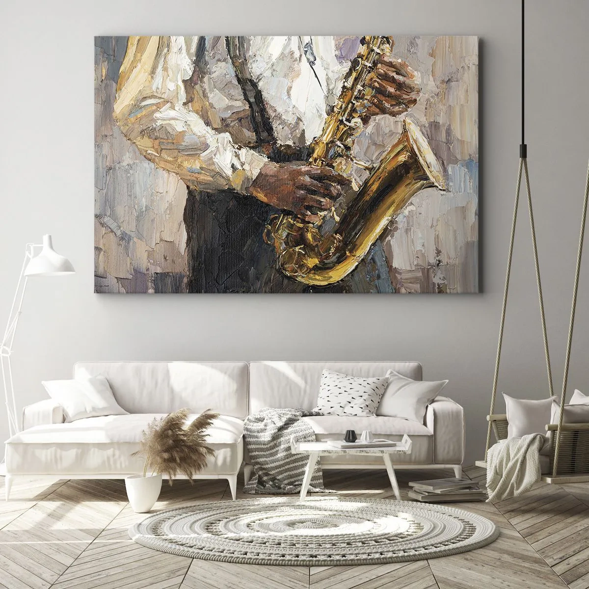 Obraz na plátne - Hudobník hrajúci na saxofóne umeleckým štýlom - 70x50cm - Čas na sólovú hru - Moderná nástenná dekorácia do obývacej izby a spálne ARTTOR