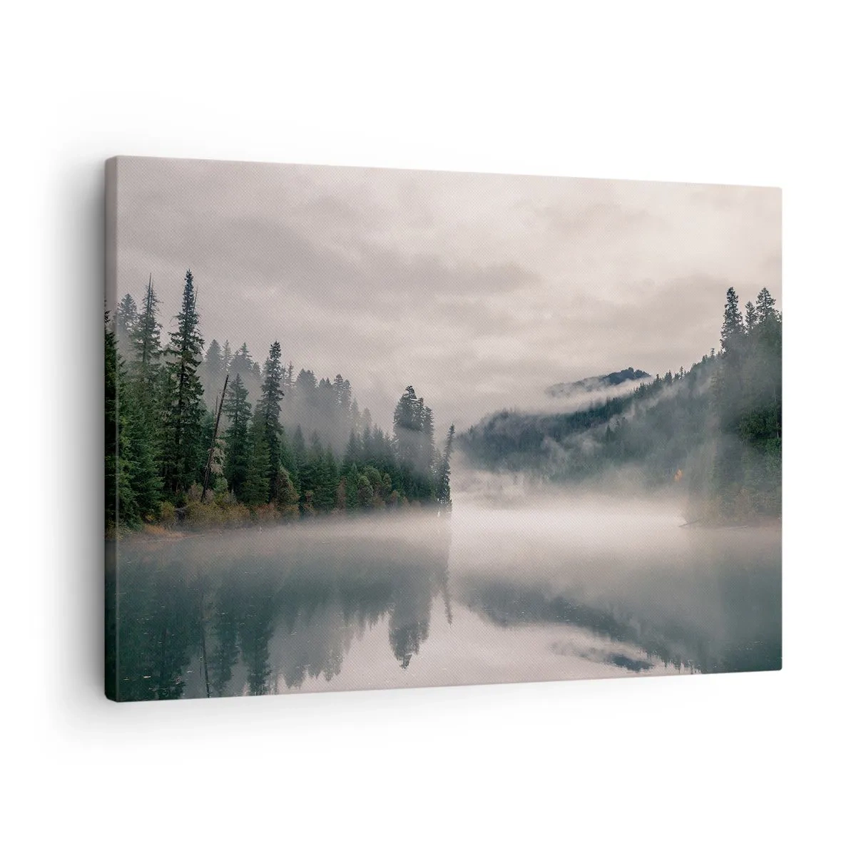 Obraz na plátne - Hmlistý les sa odráža v pokojnom jazere - 70x50cm - V zamyslení, v hmle - Moderná nástenná dekorácia do obývacej izby a spálne ARTTOR