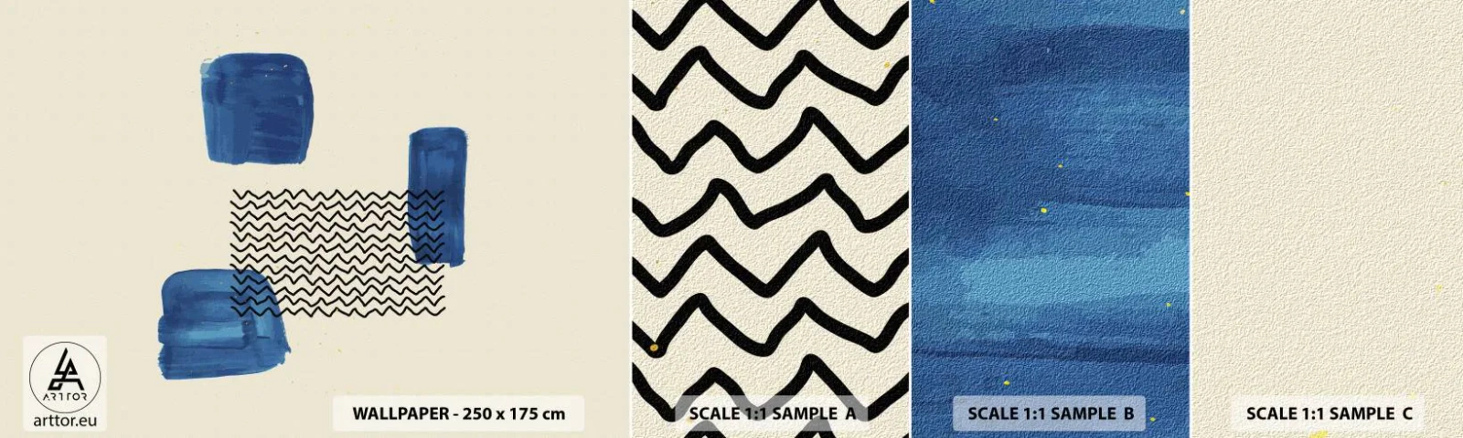 Vzorka samolepiacej fototapety Deluxe Sticker - Abstraktné kvarteto - Abstrakcia, Kus, Moderné umenie. - 100x30 cm