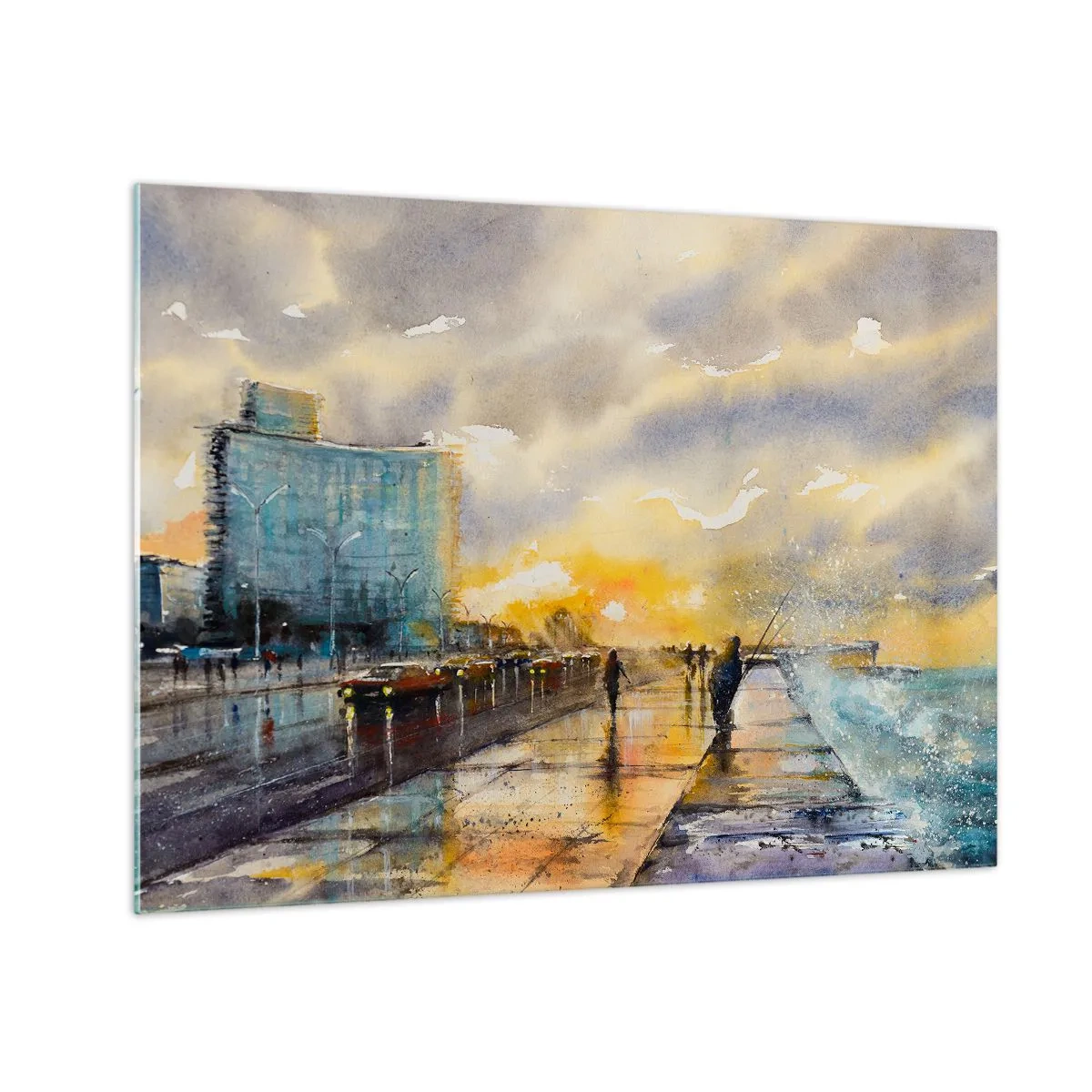 Obraz na skle - Akvarelové prímorské mestečko so západom slnka - 70x50cm - Život na pobreží - Moderná nástenná dekorácia do obývacej izby a spálne ARTTOR