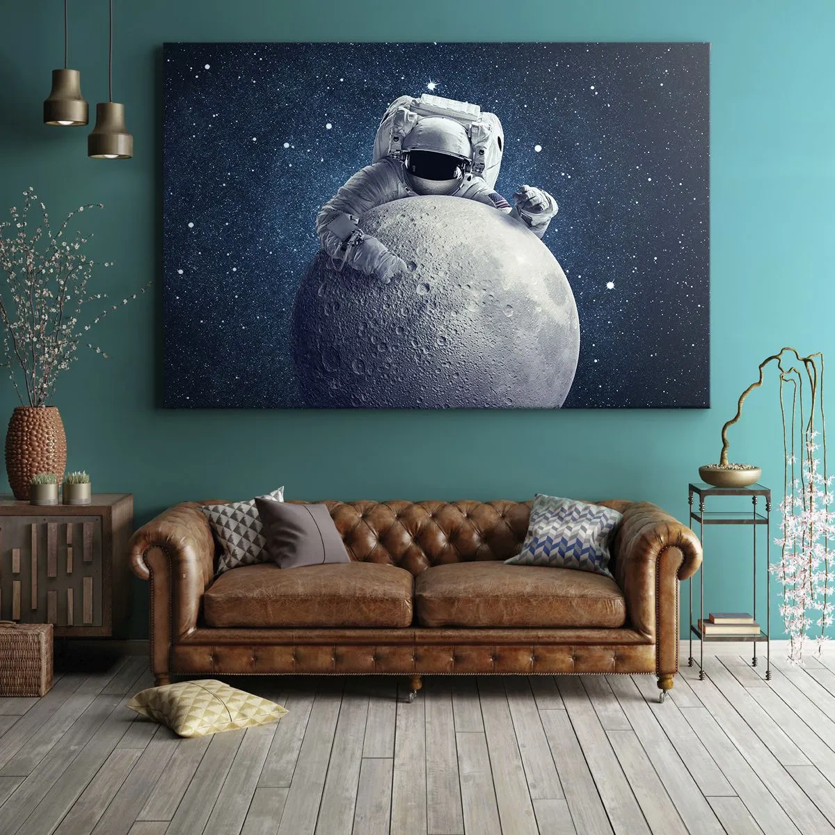 Obraz na plátne - Astronaut drží mesiac na hviezdnej oblohe - 70x50cm - Vesmírny vtipkár - Moderná nástenná dekorácia do obývacej izby a spálne ARTTOR