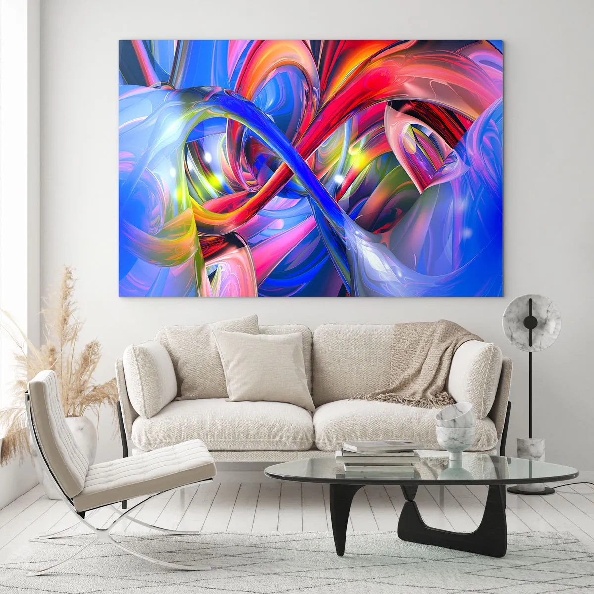 Obraz na skle - Abstraktné, farebné línie a energická dynamika - 70x50cm - Tanec farieb - Moderná nástenná dekorácia do obývacej izby a spálne ARTTOR