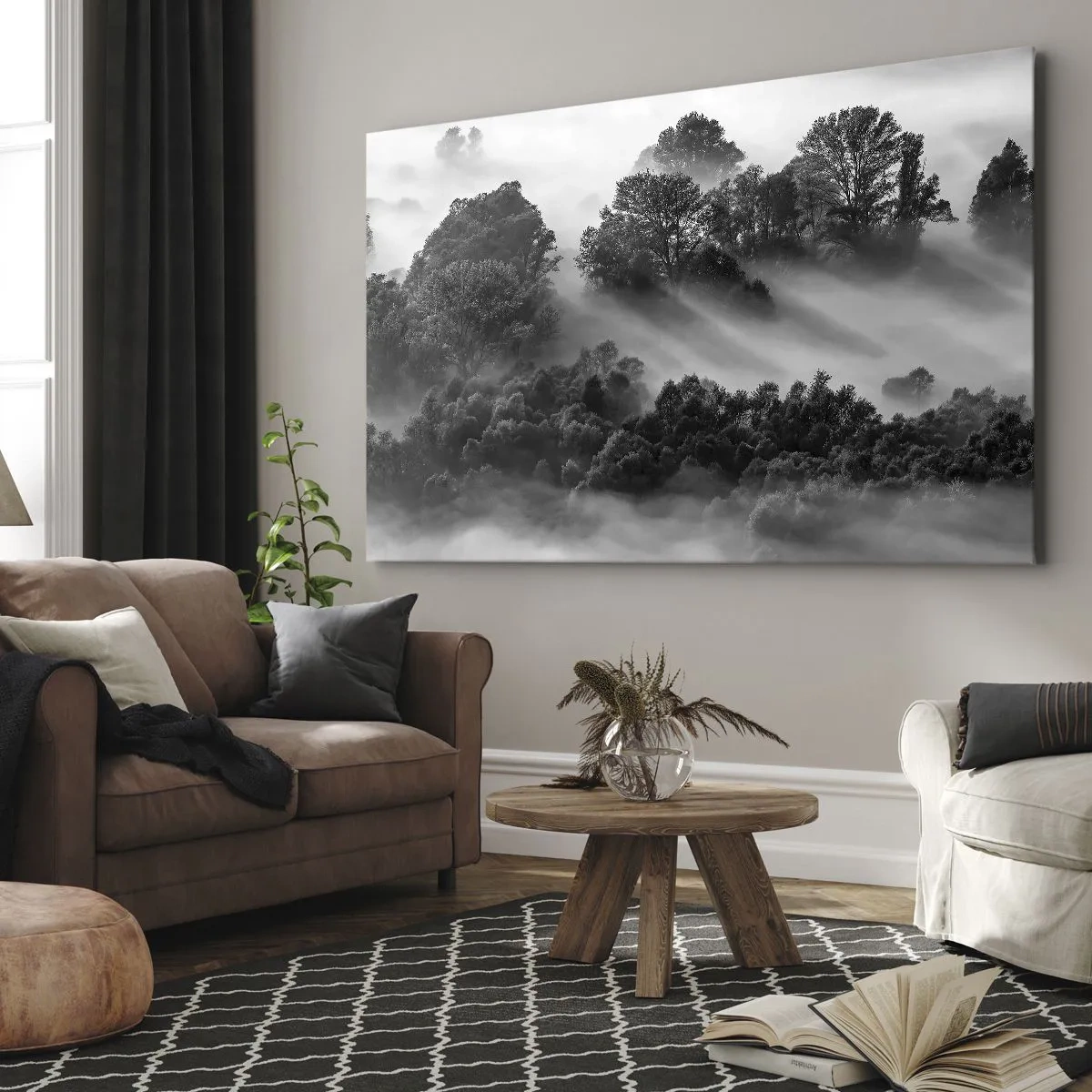 Obraz na plátne - Čiernobiela lesná krajina v rannej hmle - 70x50cm - Prebúdzanie zo spánku - Moderná nástenná dekorácia do obývacej izby a spálne ARTTOR