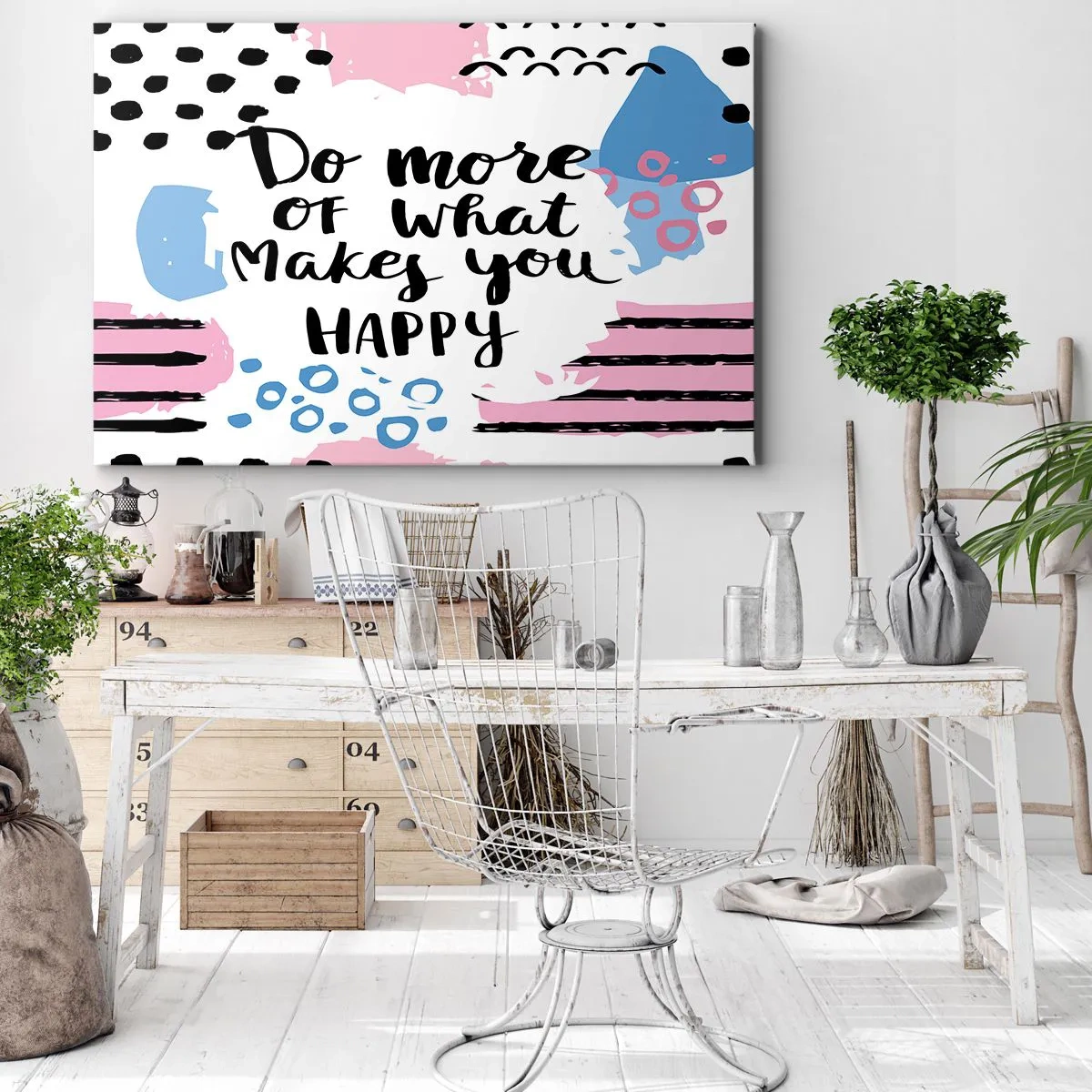 Obraz na plátne - Plagát s nápisom „Robte viac toho, čo vás robí šťastnými“ - 70x50cm - Ako byť šťastný - Moderná nástenná dekorácia do obývacej izby a spálne ARTTOR